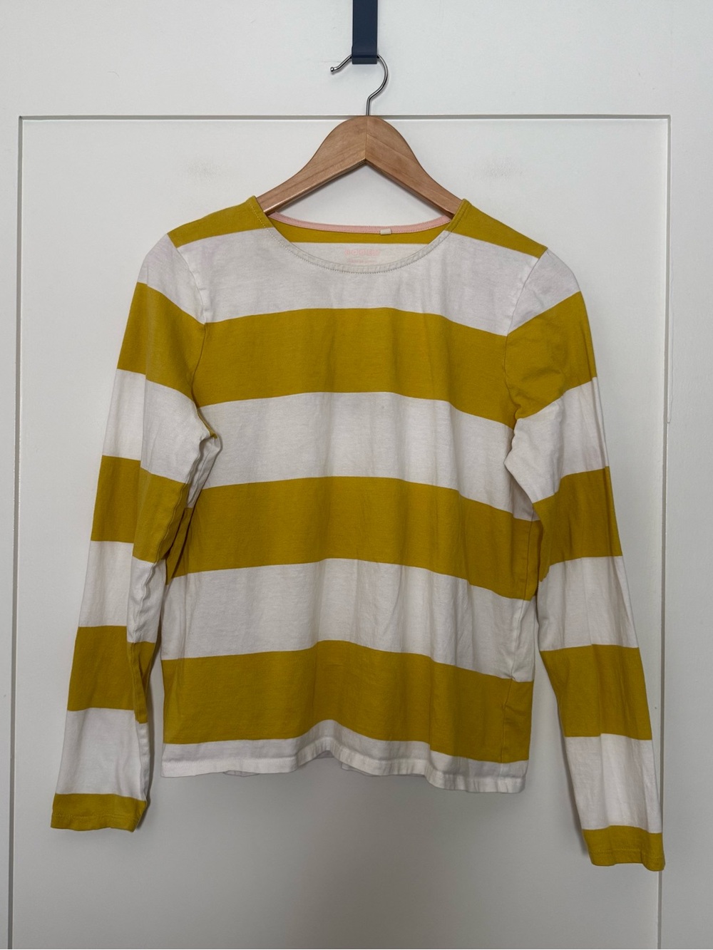Boden Top Womens Sz 10 Yellow White Striped Long Sleeve 100% Cotton Beach Resort